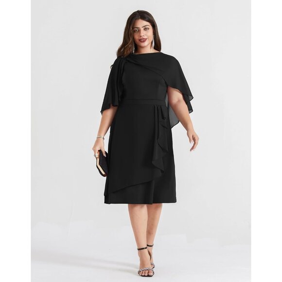 Plus Size Women's Chiffon Cape Cocktail Dress A-Line Ruffles for Formal Events - Picture 3 of 5